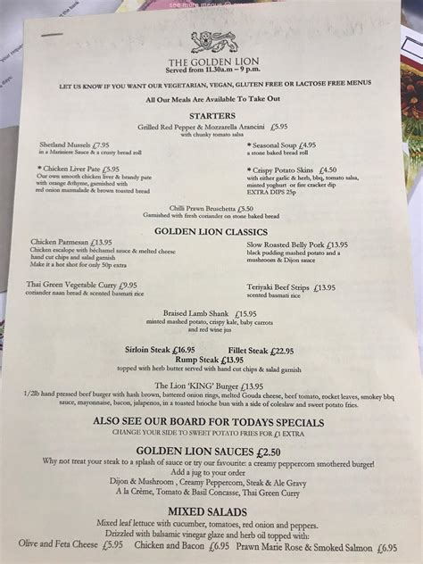 Online Menu Of The Golden Lion Restaurant Hartlepool United Kingdom