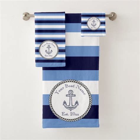 Nautical Anchor Navy Blue Wedgwood White Striped Bath Towel Set Zazzle