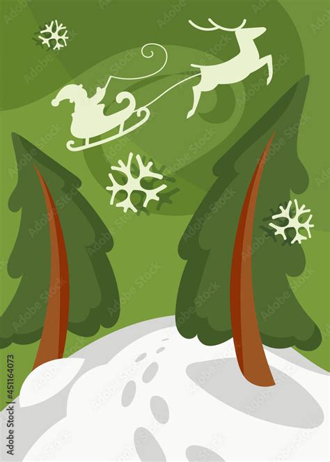 Santa Claus flying in sleigh over the spruces. Christmas poster in ...