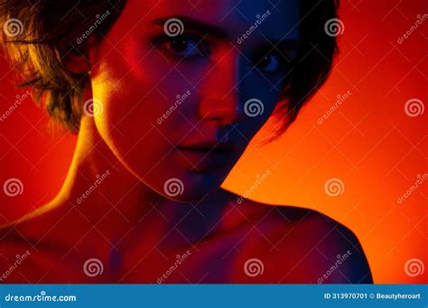 Photo Of Pretty Woman Naked Shoulders Enjoying Skin Care Empty Space Isolated Red Neon Color