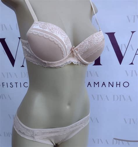 Lingerie conjunto de sutiã e calcinha tanga renda bege Viva Diva