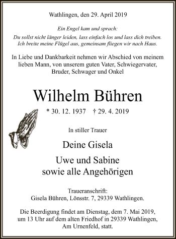 Traueranzeigen Von Wilhelm B Hren Az Trauer De