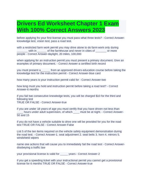 Drivers Ed Worksheet Chapter 1 Exam With 100% Correct Answers 2023