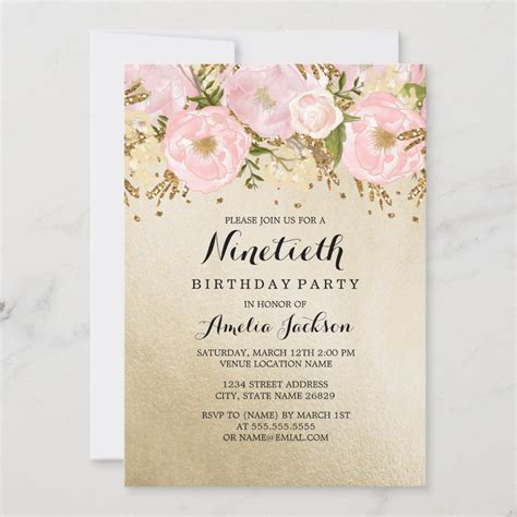 Pretty Blush Gold Pink Floral 90th Birthday Invitation Zazzle