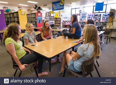 Group Of Teenage Girls Sitting Around Table In School Library Usa