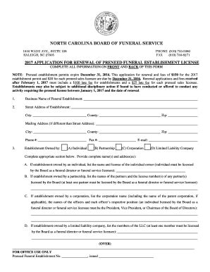 Fillable Online 2017 APPLICATION FOR RENEWAL OF PRENEED FUNERAL