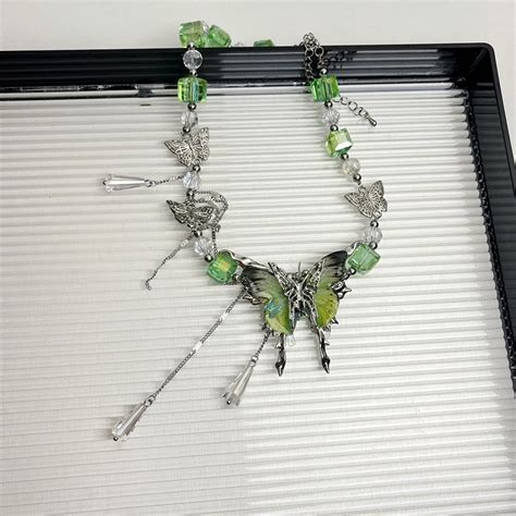 Tiny Butterfly Necklace, Green Butterfly Crystal Necklace, Drop Crystal