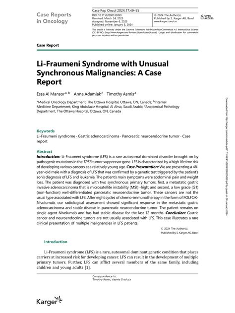 Pdf Li Fraumeni Syndrome With Unusual Synchronous Malignancies A