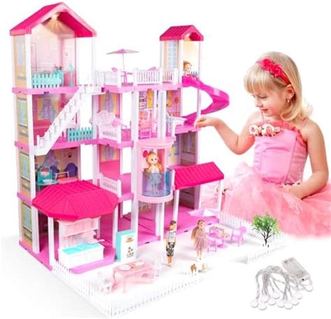 Taotique Dream Doll House Pink Girl Toys 4 Stories 10 Rooms Dollhouse With 2 Princesses Dolls