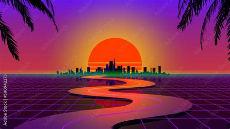 3d Retro wave city background. Neon night landscape with a futuristic ...