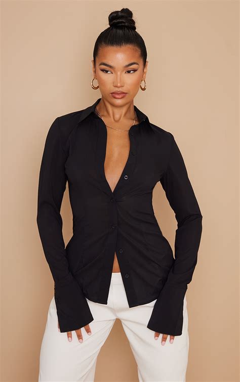 Black Chiffon Fitted Shirt Tops Prettylittlething Ksa