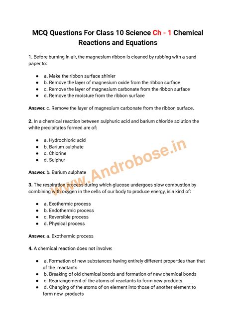 SOLUTION Mcq Questions For Class 10 Science Ch 1 Chemical Reactions