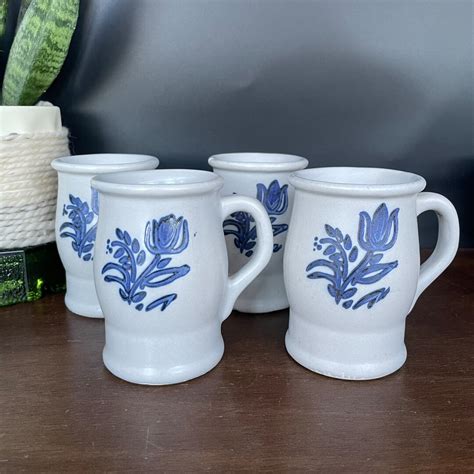 Vintage Pfaltzgraff Blue Stoneware Coffee Mug Set Of Four Blue