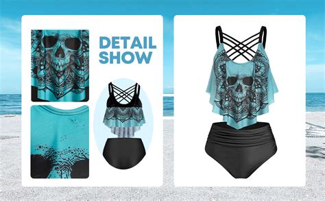 DRESSFO Damen Bikini Badebekleidung Mit Hoher Taille Und Bauchkontrolle Tankini Bademode Gothic