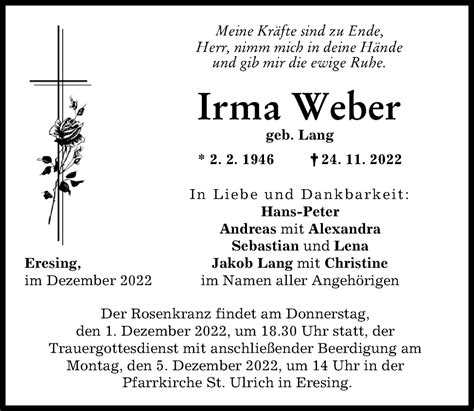 Traueranzeigen Von Irma Weber Augsburger Allgemeine Zeitung