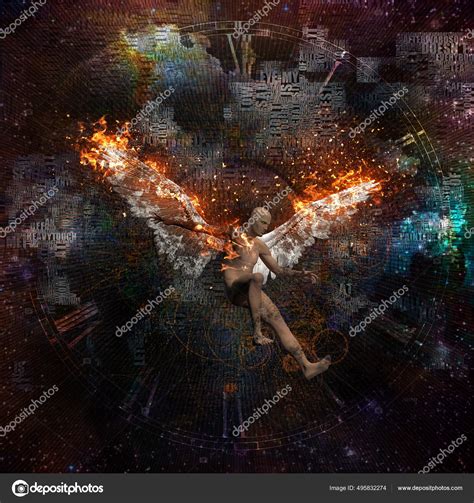 Surrealism Clock Words Naked Man Burning Wings Symbolizes Falling Angel