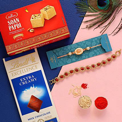 Online Rudraksha Peach Stone Rakhis With Lindt Chocolate Gift