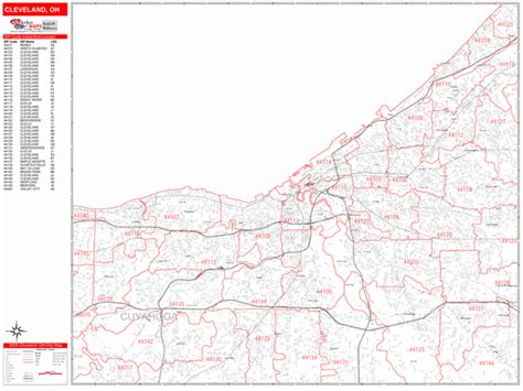 Cleveland Ohio Zip Code Wall Map (Red Line Style) by MarketMAPS