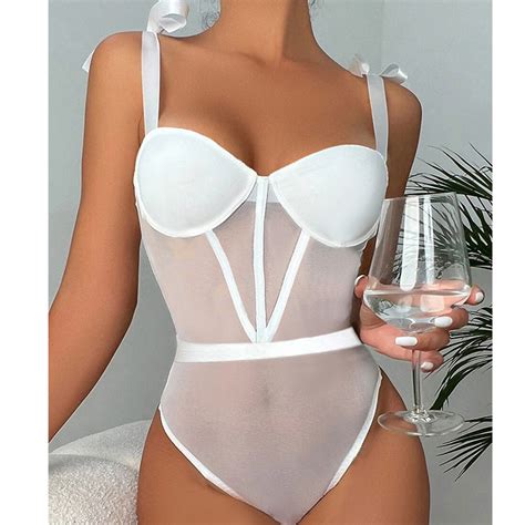 Sexy White See Through Mesh Lace Up Backless Stretchy Bodysuit Teddies