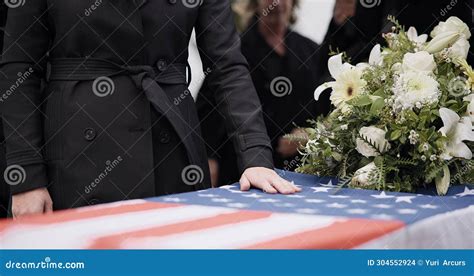 USA Veteran Funeral, Woman and Casket with Touch, Sad Family and Flag ...