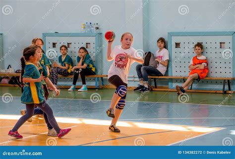 Kids Play Handball Indoor. Sports and Physical Activity Editorial ...