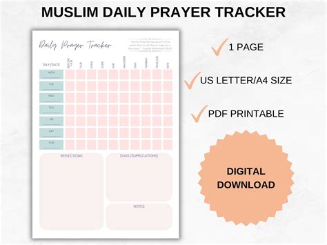Muslim Daily Prayer Tracker Printable, Salah Tracker, Muslim Prayer