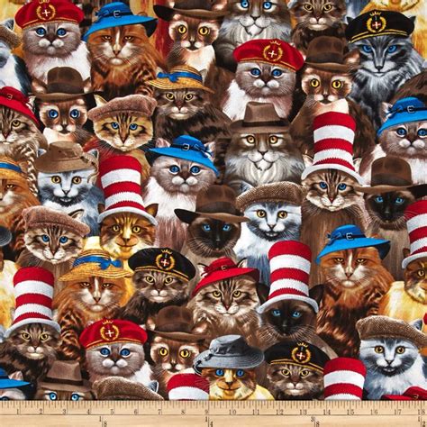 Timeless Treasures Cats In Hats Natural Fabric By The Yard Cat Fabric