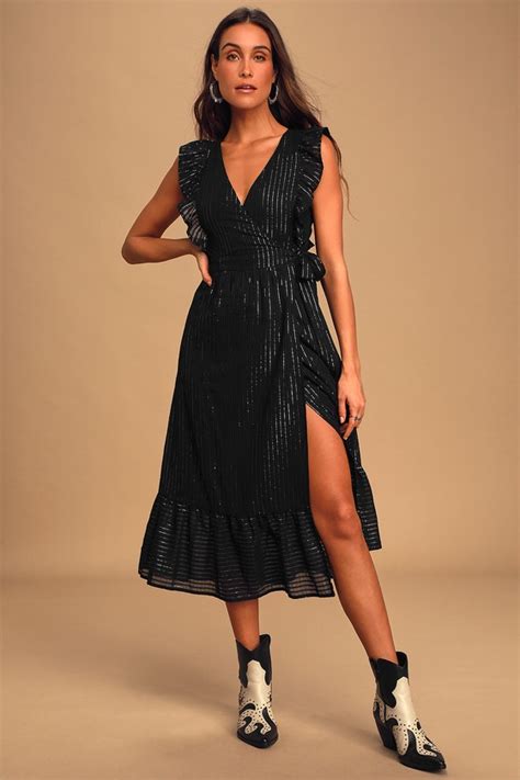 Cute Black Wrap Dress Pinstripe Dress Sleeveless Wrap Dress Lulus