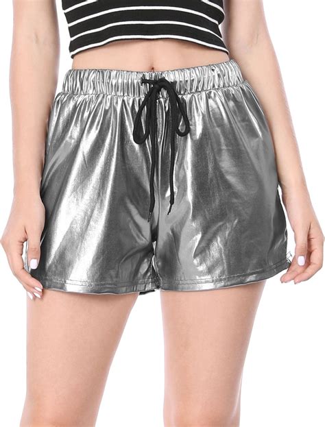 Women Drawstring Elastic Waist Metallic Short Shorts Silver Gray Xl