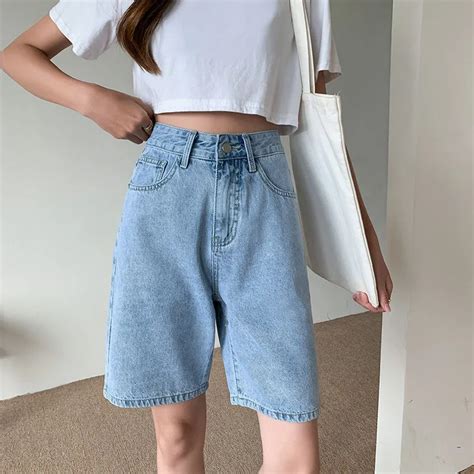 2023 New Summer Women High Waist Wide Leg Denim Shorts Solid Color