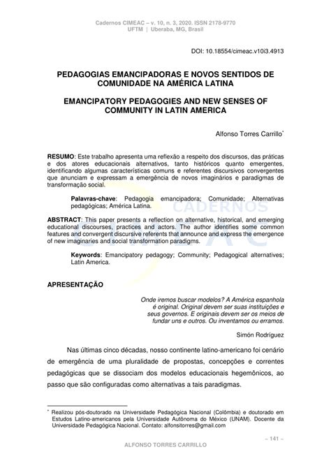 PDF Pedagogias emancipadoras e novos sentidos de comunidade na América Latina