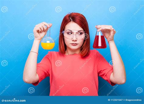 Science Chemist Girl With Two Flasks In Hand Stock Image Image Of