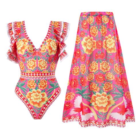 One Piece Swimsuit Set With Chiffon Cover Up Dress For Hot Springs Women Retro Floral One Piece