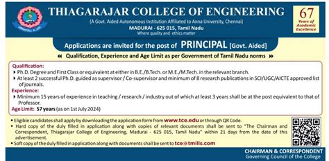 Principal Wanted at Thiagarajar College of Engineering, Madurai ...