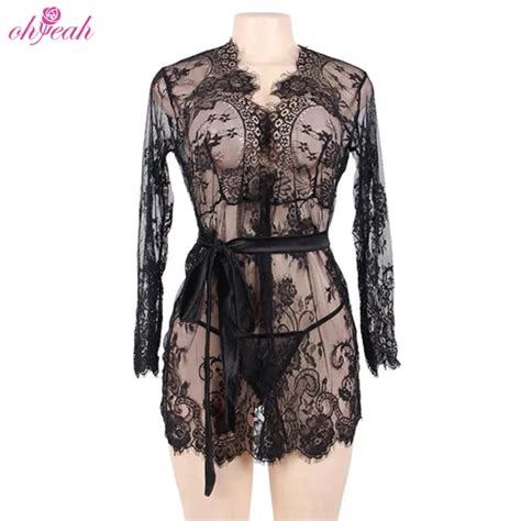 Black Floral Lace Sleepwear Nightgown Sheer Mesh Sexy Lingerie With Thong Lingerie And Sexy