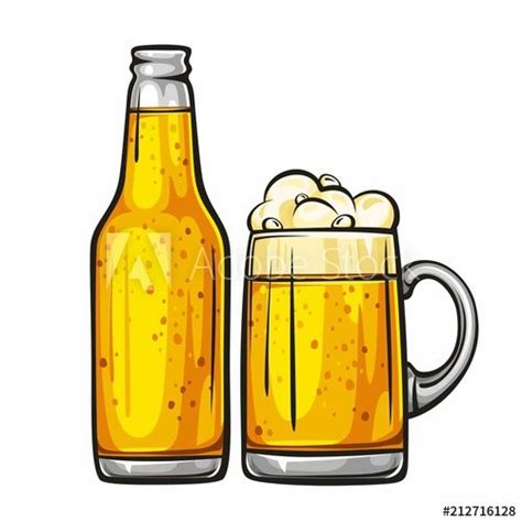 Vector Colorful Illustration Of Beer Mug And Glass Bottle Filled With