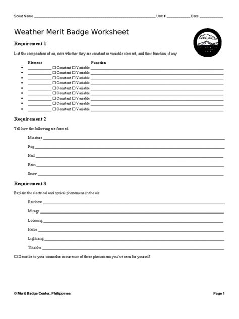 Weather Merit Badge Worksheet Requirement 1 Pdf Worksheets Library