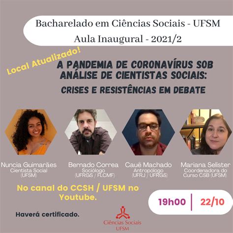 Ciências Sociais promove aula inaugural sobre a pandemia dia 22 CCSH