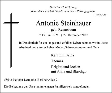 Traueranzeigen Von Antonie Steinhauer Trauer In NRW De