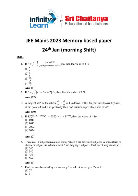 24 01 23morning Shift Jee Mains 2023 Memory Based Paper Jee Mains