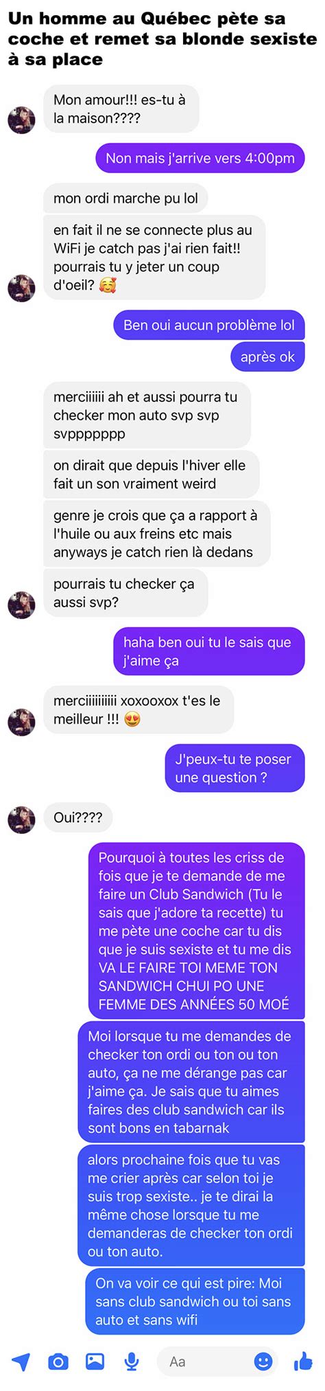 Un homme au Québec pète sa coche et remet sa blonde sexiste à sa place