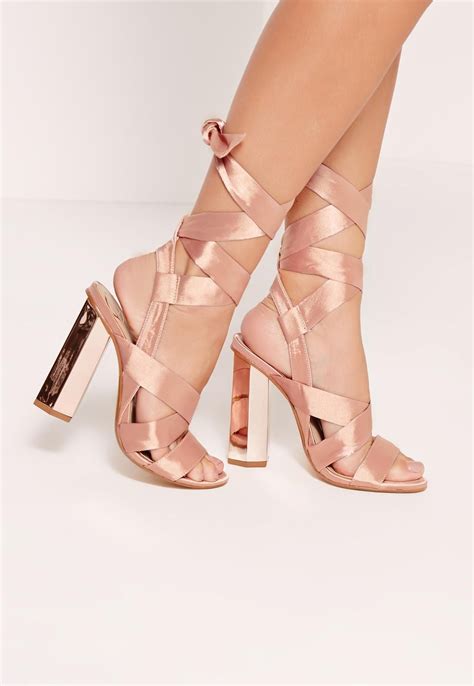 Block Heel Tie Satin Sandals Rose Gold Missguided Heels Gold Block