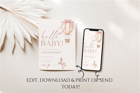 Editable Baby Shower Invitation Hot Air Balloon Invite Baby Birthday