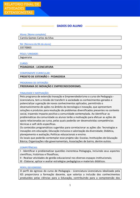 Projeto de extensão trabalho feito nota máxima DADOS DO ALUNO