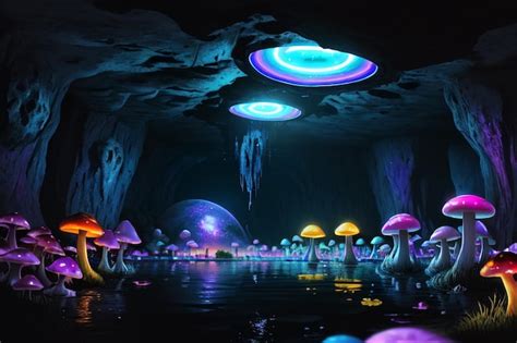 Premium AI Image | A dark cave with mushrooms and a glowing light.