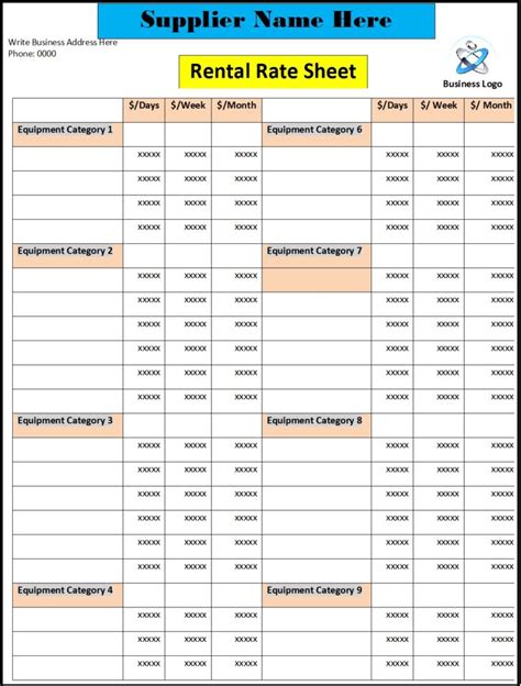 Rate Sheet Template - Excel Word Template