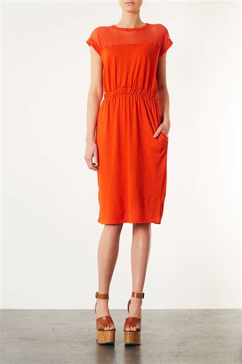 Topshop Mesh Yoke Elastic Waist Dress In Orange Lyst