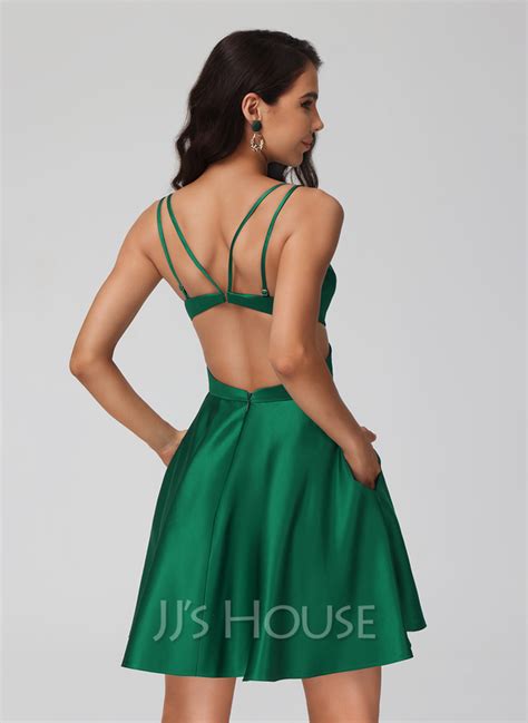 A Line V Neck Short Mini Satin Homecoming Dress 022274627 Jjs House