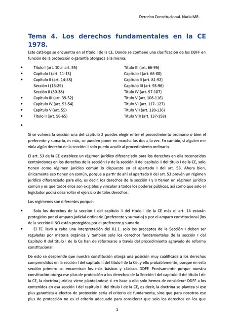 Tema 1 Derechos Fundamentales En La Ce 1978 Tema 4 Los Derechos Fundamentales En La Ce 1978