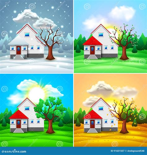 Casa Y Naturaleza Vector De Cuatro Estaciones Ilustraci N Del Vector